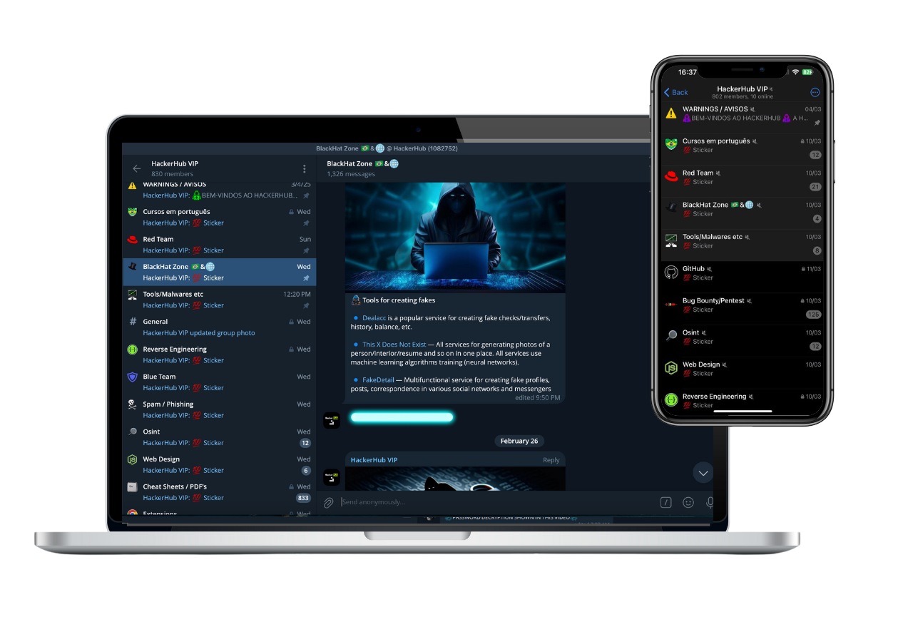 HackerHub VIP no Telegram - Desktop e Mobile